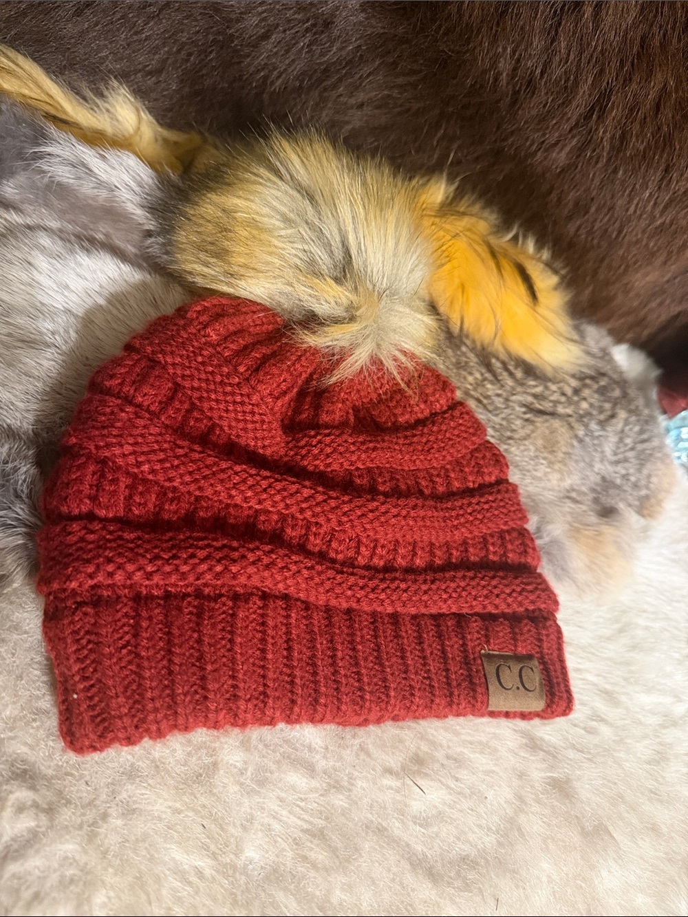 C.C  Burgandy Knit Pom Pom Beanie OS (6003)